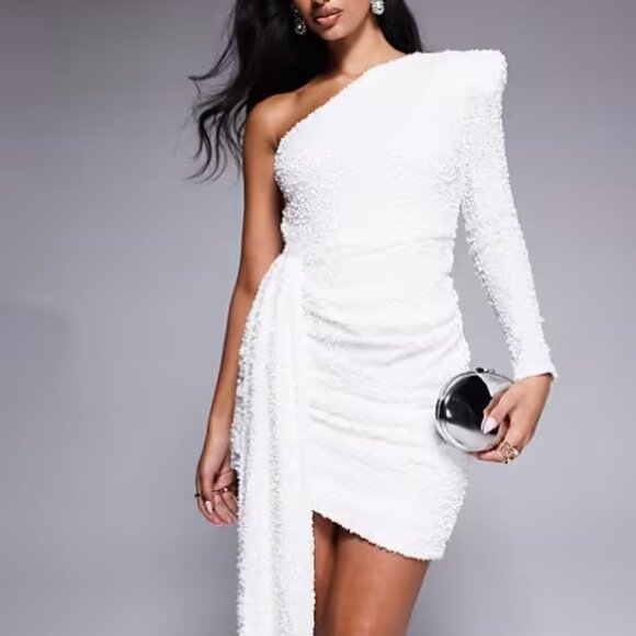 ASOS White Sequin Ruched One Shoulder Dress Size US 2 | NWT - Picture 3 of 4